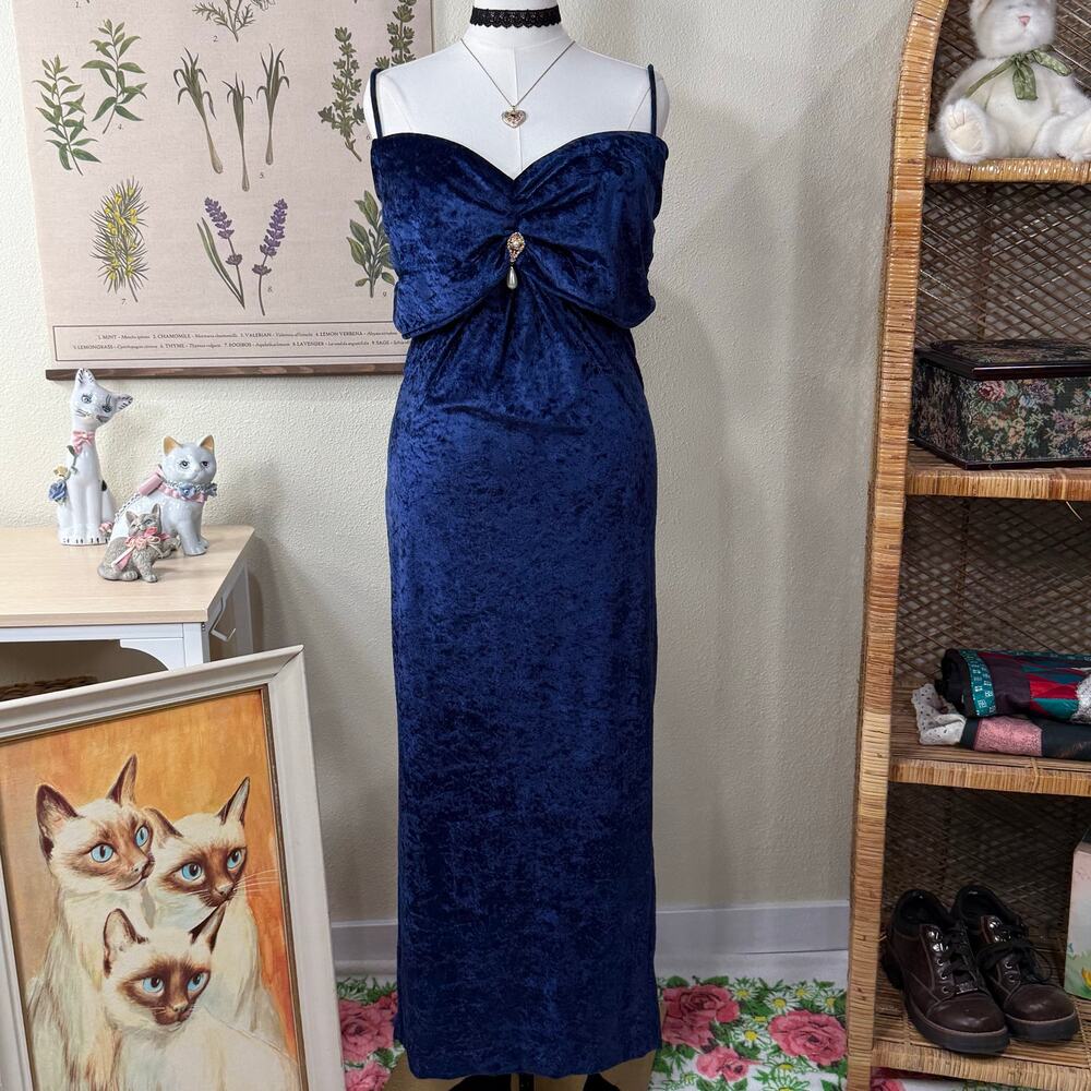 Vintage 80s 90s Blue Crushed Velvet Formal Maxi Dress Whimsigoth Romantic Goth M
